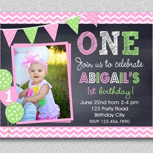 Chevron Birthday Invitation , Chalkboard Birthday Invitation , Pink Green Chalkboard Birthday Invitation, Girls Chevron Birthday Invitation image 1