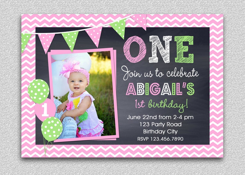 Chevron Birthday Invitation , Chalkboard Birthday Invitation , Pink Green Chalkboard Birthday Invitation, Girls Chevron Birthday Invitation image 1