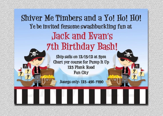 Pirate Birthday Invitation, Pirate Party Birthday Invitation, Pirate Twins Invitation, Pirate Birthday Invitation Il_570xn