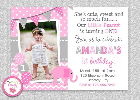 Elephant Birthday Invitation, Elephant 1st Birthday Party, Pink Elephant Invitation, Girls Elephant Invitation, Elephant 1st Birthday Il_570xn