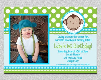 Mod Monkey Birthday Invitation 1st Birthday Polka Dot Birthday Party Invitation Boys or Girls Printable