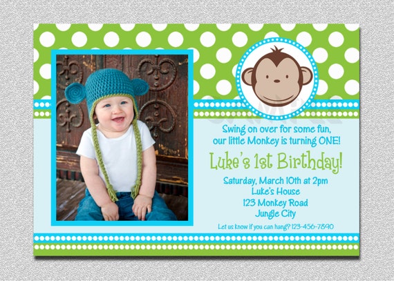 Mod Monkey Birthday Invitation 1st Birthday Polka Dot Birthday Party Invitation Boys or Girls Printable Il_570xn