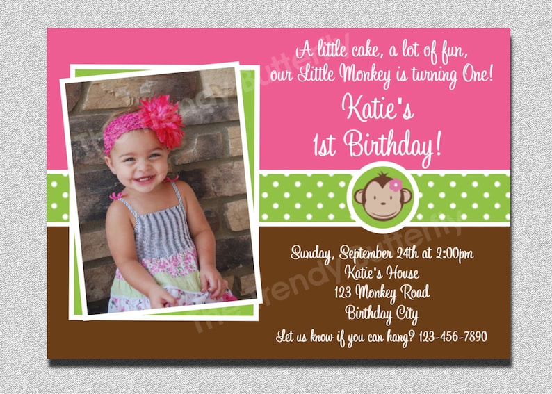 Birthday Invitation Mod Monkey Birthday Party Invitation Pink and Green Girls Invite image 1