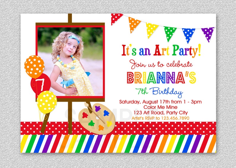 Art Birthday Party Invitations, Paint and Create Art Birthday Invitations, Kids Photo Birthday Invitations, Art Photo Invitation, Girls Art image 1