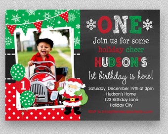 Christmas Birthday Invitation,  Santa Winter Wonderland, 1st Birthday Invitations,  PRINTABLE chalkboard Invitation