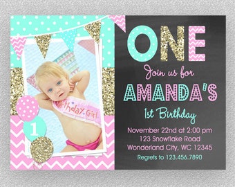 Pink and Gold Birthday invitation, Pink and Gold First Invitation, Girls 1st Birthday Invitation, Gold Birthday Invitation, Gold and Pink