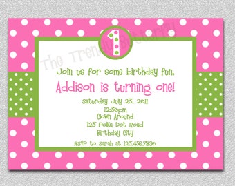 Hot Pink Polka Dot Birthday Invitation, Polka Dot Birthday Invitation,  Pink and Green Birthday Invitation,  Polka Dot Birthday Invitation