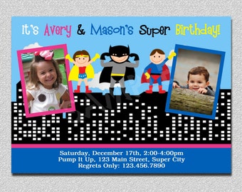 Superhero Birthday Invitation Twins Superhero Birthday Party Invitation Printable Siblings Boys or Girls