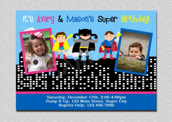 Superhero Birthday Invitation Twins Superhero Birthday Party Invitation Printable Siblings Boys or Girls Il_570xn