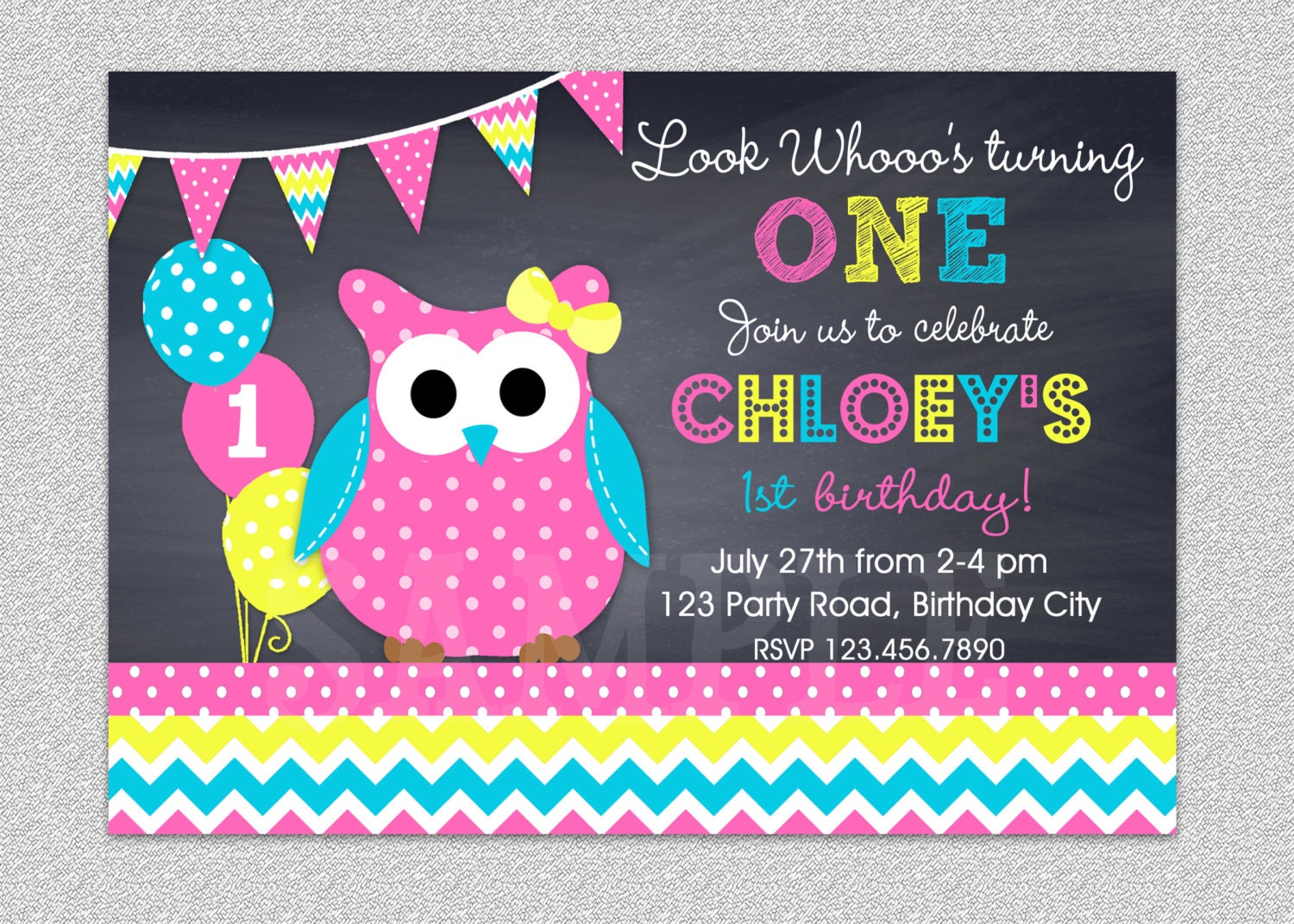 Owl 1st Birthday Invitation: Chevron Party, Printable - Etsy Norway, image size:1500x1071