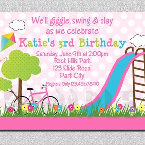 Birthday Party Invitations, Girls, Pink, Playground, Swing, Slide, Kite, Flowers, Tree, Playground Birthday Invitation, Picnic Invitaiton