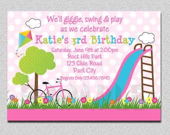 Birthday Party Invitations, Girls, Pink, Playground, Swing, Slide, Kite, Flowers, Tree, Playground Birthday Invitation, Picnic Invitaiton