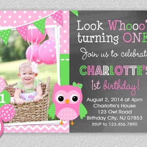 Owl Birthday Invitation , Girls Owl Invitations, 1st Birthday Owl Party, Pink and Green Owl Birthday Party, Printed Invitations , Printed image 1