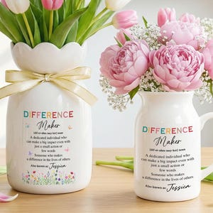 May include: Two white ceramic vases with floral arrangements. One vase holds pink and white tulips, the other holds pink peonies. Both vases have the text "DIFFERENCE Maker" and a definition. The text "DIRECT PRINT ON VASE NO PEELING STICKERS" is also visible.