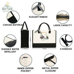 Puede incluir: Bolso tote de lona con base y asas negras, con un dise&ntilde;o de carrito de golf y el nombre "Sophia". El bolso mide 43 cm de ancho, 33 cm de alto y tiene un bolsillo interior con cremallera y cierre de cremallera met&aacute;lico. Est&aacute; hecho de material duradero e hidr&oacute;fugo.