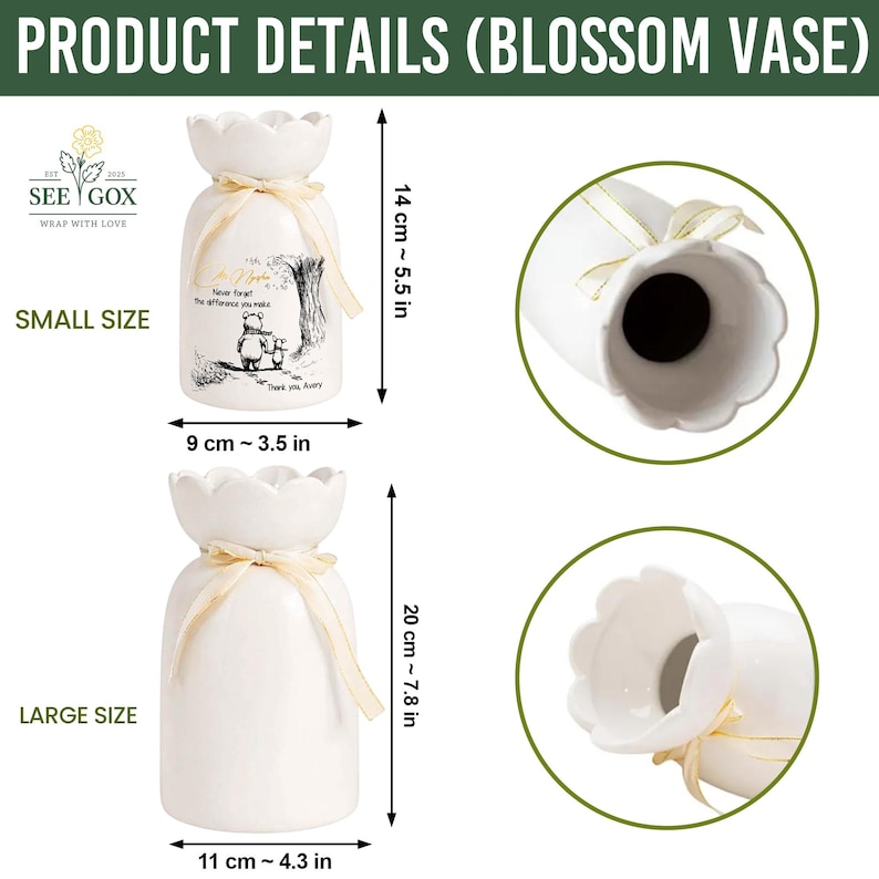 May include: White ceramic blossom vases, small size 5.5 inches tall and 3.5 inches wide, large size 7.8 inches tall and 4.3 inches wide. The small vase has a Winnie the Pooh illustration and text. Both vases have a scalloped top and ribbon detail.