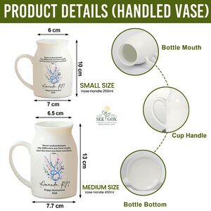 May include: Two white ceramic handled vases with floral stethoscope graphics and text reading Never underestimate the difference you have made and the lives you have touched. Amanda, RN. Happy Retirement 2026. Small size is 6 cm by 10 cm, 250ml. Medium is 6.5 cm by 13 cm, 450ml.