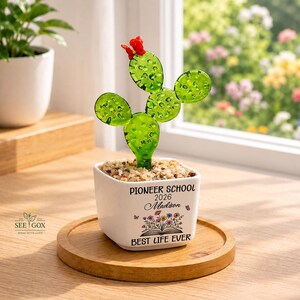 May include: A glass cactus with green pads and a red flower top, planted in a white square ceramic pot filled with small pebbles. The pot features the text PIONEER SCHOOL 2026, the name Madison, and a graphic of an open book with flowers.