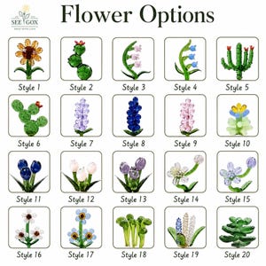 May include: A grid of twenty glass flower and cactus figurines labeled Style 1 through Style 20. The collection includes various colorful glass plants, such as sunflowers, cacti, lavender, tulips, and daisies, each displayed in a square frame.