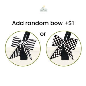 May include: Two tote bags with black handles and bows. One bow is black and white striped, the other is black and white checkered. Text reads "Add random bow +$1" and "or". The logo "SEE GOX" is at the top.
