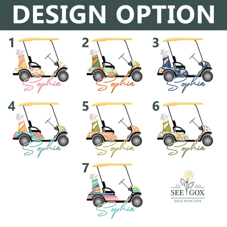 Puede incluir: Una colecci&oacute;n de dise&ntilde;os de carritos de golf, cada uno con una est&eacute;tica floral o estampada &uacute;nica. Los carritos tienen una capota amarilla e incluyen el nombre "Sophia" en varios colores. La imagen tambi&eacute;n incluye el texto "DESIGN OPTION" y el logotipo de "SEE GOX".