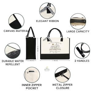 May include: A black and cream tote bag with the text "The Best Chapter Yet Grandma Est. 2026". The bag is 17 inches wide, 13 inches tall, and 6.5 inches deep. Features include an elegant ribbon, two handles, and a metal zipper closure.