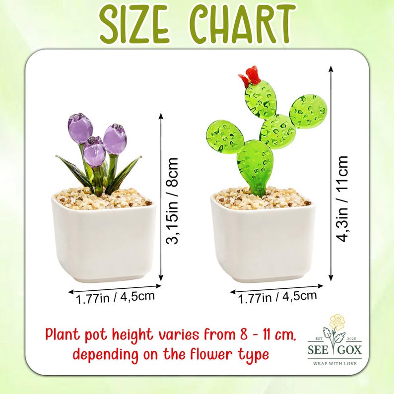 May include: A size chart showing two glass plant figurines in white square pots. The left features purple tulips measuring 3.15 inches tall and 1.77 inches wide. The right shows a green cactus measuring 4.3 inches tall and 1.77 inches wide.