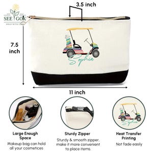 Puede incluir: Un neceser blanco con base negra, de 28 cm de ancho, 19 cm de alto y 9 cm de profundidad. Presenta un dise&ntilde;o de carrito de golf con el nombre "Sophia" y el texto "SEE GOK WRAP WITH LOVE".