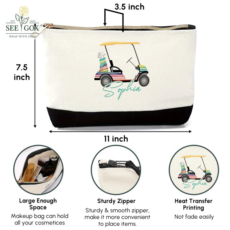 Puede incluir: Un neceser blanco con base negra, de 28 cm de ancho, 19 cm de alto y 9 cm de profundidad. Presenta un dise&ntilde;o de carrito de golf con el nombre "Sophia" y el texto "SEE GOK WRAP WITH LOVE".