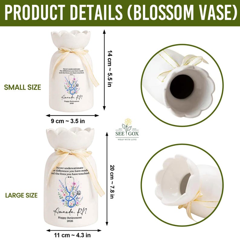 May include: A white ceramic blossom vase with a scalloped rim and a cream-colored ribbon tied around the neck. The vase features a stethoscope graphic, floral illustrations, and text reading Never underestimate the difference you have made and the lives you have touched. Amanda, RN. Happy Retirement. Small size is 5.5 inches tall and 3.5 inches wide; large size is 7.8 inches tall and 4.3 inches wide.