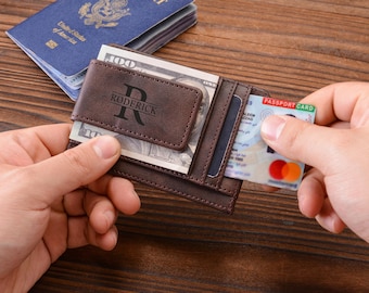 Personalized Leather Money Clip Wallet, Handmade Magnetic Money Clip Wallet, Wedding Gift,  Engraved Money Clip, Money Clip For Men