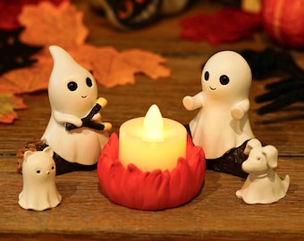 Ghost Campfire Nightlight, Cute Ghost Figurine Set, Spooky Halloween Decoration, Halloween Gifts