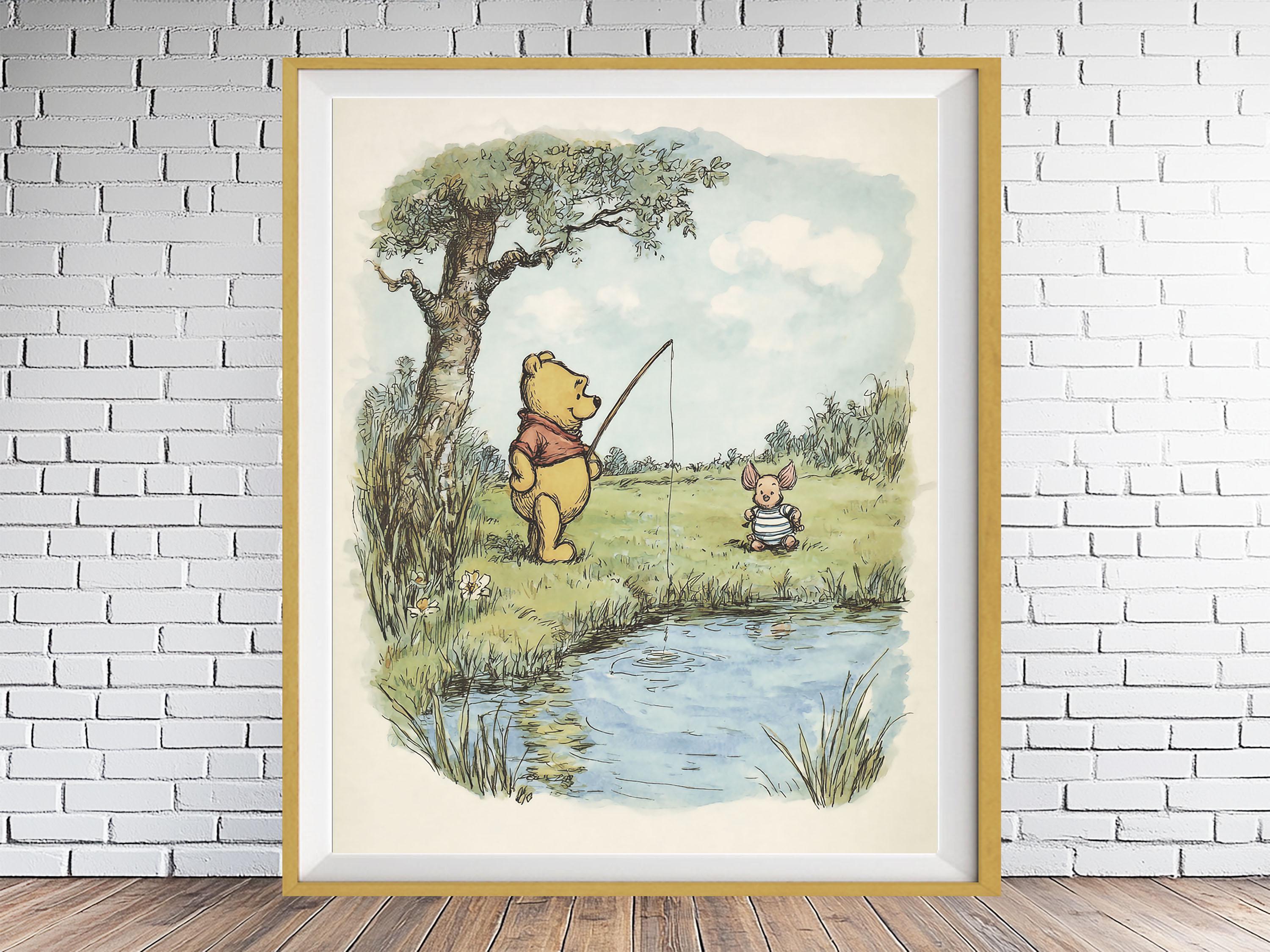 Nursery Art, Winnie the Pooh Print, Pooh Piglet Fishing, Elegant