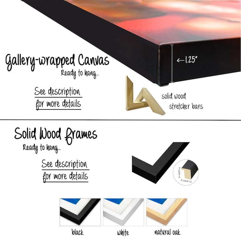 May include: A gallery-wrapped canvas with a 3.18 cm depth, ready to hang. The image also shows solid wood stretcher bars and solid wood frames available in black, white, and natural oak.