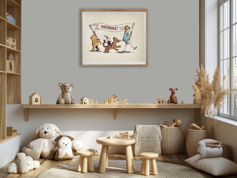 May include: A framed illustration with a boy, bear, and tiger, with the text "THEODORE!" on a banner. The room features wooden shelves with toy houses, soft toys, and a small table with stools, creating a cosy children's room setting.