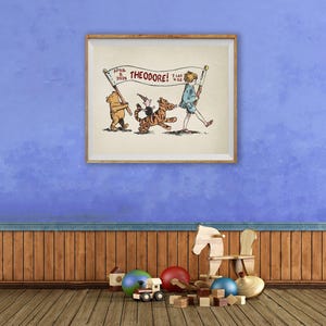May include: A framed illustration featuring Winnie the Pooh, Piglet, Tigger, and Christopher Robin. The banner reads "THEODORE!" with the date "April 8, 2024" and the weight "7 lbs 4 oz". The artwork is displayed on a blue wall above wooden toys.