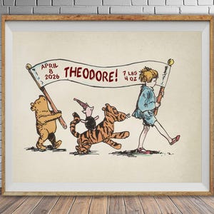 May include: A framed print with a vintage illustration of Winnie the Pooh characters. The banner reads "THEODORE!" with the date April 8, 2026, and the weight 3.3 kg. The artwork has a soft color palette and a classic style.