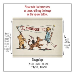 May include: A vintage-style print featuring Winnie the Pooh, Piglet, Tigger, and Christopher Robin. The banner reads "THEODORE!" with the date April 8, 2026, and the weight 3.3 kg. The image has a cream-colored background.
