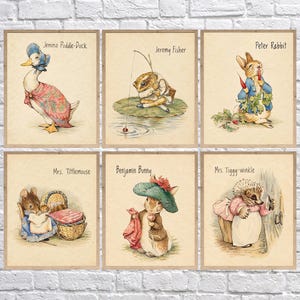 May include: A set of six framed prints featuring Beatrix Potter characters: Jemima Puddle-Duck, Jeremy Fisher, Peter Rabbit, Mrs. Tittlemouse, Benjamin Bunny, and Mrs. Tiggy-winkle. Each illustration is rendered in soft watercolor tones.