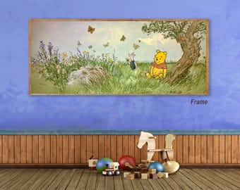 May include: A framed illustration of Winnie the Pooh and Piglet under a tree, surrounded by butterflies and flowers. The artwork has a vintage style and is set against a blue wall. Wooden toys are on the floor in front of a wooden panel.