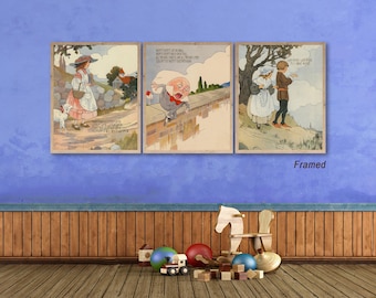 Mother Goose Nursery Rhyme Art, Boho Nursery Decor, Vintage Art for Kids, Childrens Books, Kids Room Art, Discounted Set of 3 st3 #ana231
