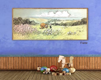 May include: A framed watercolour print shows a bear and a small bird in a field with flowers, under a cloudy sky. The print is mounted on a blue wall above wooden toys, including a rocking horse and building blocks.