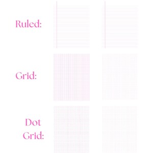 Puede incluir: Un fondo blanco con texto rosa que dice "WHAT'S INCLUDED:" y las palabras "Ruled:," "Grid:," y "Dot Grid:" en rosa. Debajo de cada palabra hay dos ejemplos de papel rayado, cuadriculado y punteado.