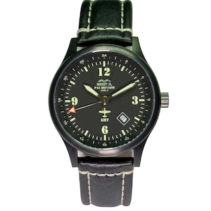 May include: Black wristwatch with a black dial featuring white numerals and hands. The watch face includes the text "BRISTOL P-51 MUS FANG" and a small airplane icon. The watch has a black leather band with white stitching.
