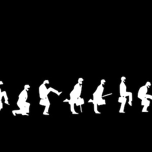 May include: A series of white silhouettes of a person in a suit and hat, carrying a briefcase, performing different actions against a black backdrop. The actions include walking, kneeling, and kicking.