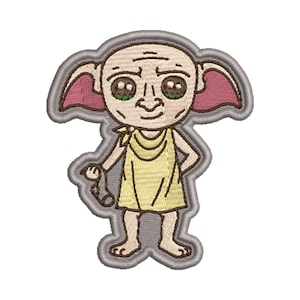 Może przedstawiać: Kreskówkowa ilustracja domowego elfa z dużymi uszami, w żółtej sukience i trzymającego skarpetkę. Elf ma złośliwy wyraz twarzy.