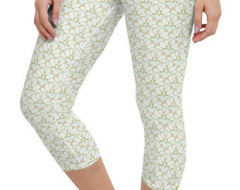Floral Capri Leggings: Light Blue, Green & Peach Yoga Shorts