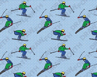 May include: A seamless pattern featuring skiers in green and blue clothing on a blue background with a white polka dot pattern. The skiers are wearing helmets and holding ski poles.