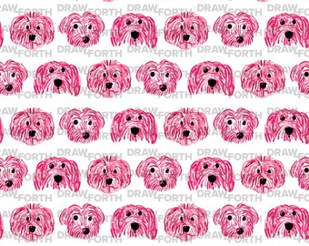 May include: A seamless pattern featuring pink watercolor illustrations of dogs. The dogs are drawn in a simple, cartoon style with a fluffy, textured appearance. The background is white.