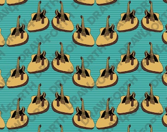 May include: A seamless pattern featuring a repeating design of brown acoustic guitars on a teal blue background with white stripes.
